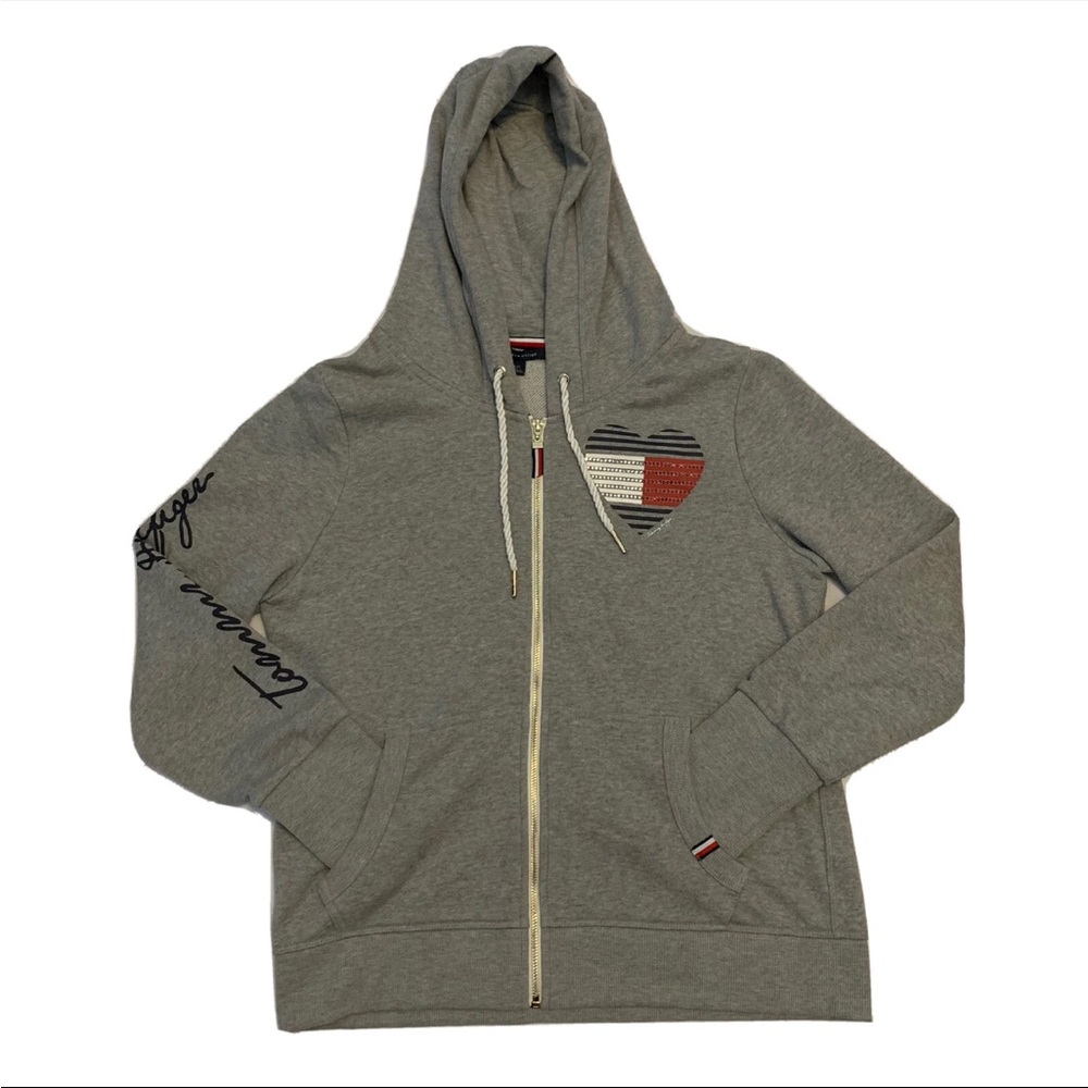 TOMMY HILFIGER TH GRAY Cotton Hoodie Blue Red Crystal Heart Womens Size 2X